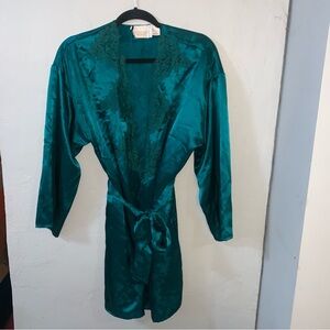 Vintage Victoria's Secret Gold Label Green Satin Robe Lace Accents Emerald OS!